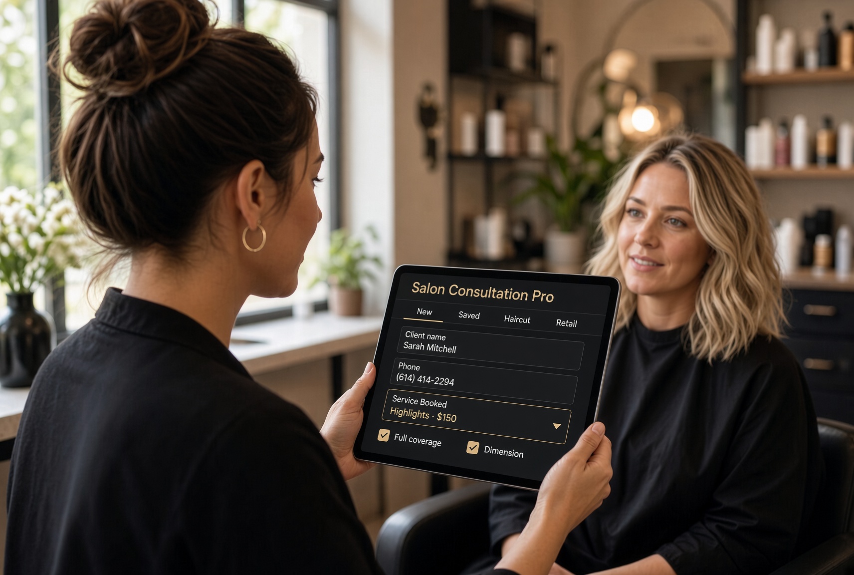 Stylist using Salon Consultation Pro on a tablet during a client consultation